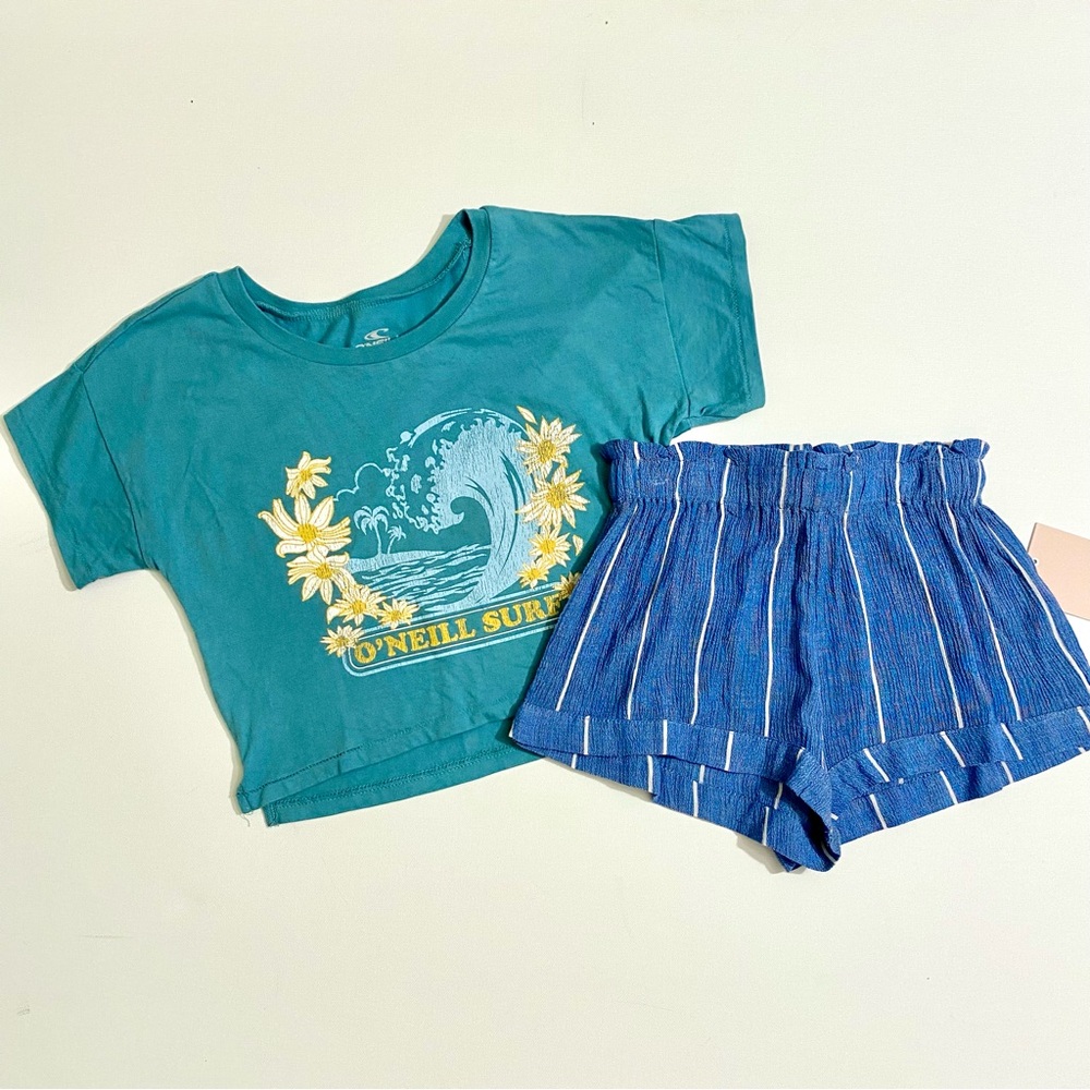 O’Neill Girl’s Surf Tee & NWT Striped Paperbag Shorts Set Size Small Floral Teal